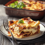 Klassisk lasagne med färs, lök och krämig bechamelsås.